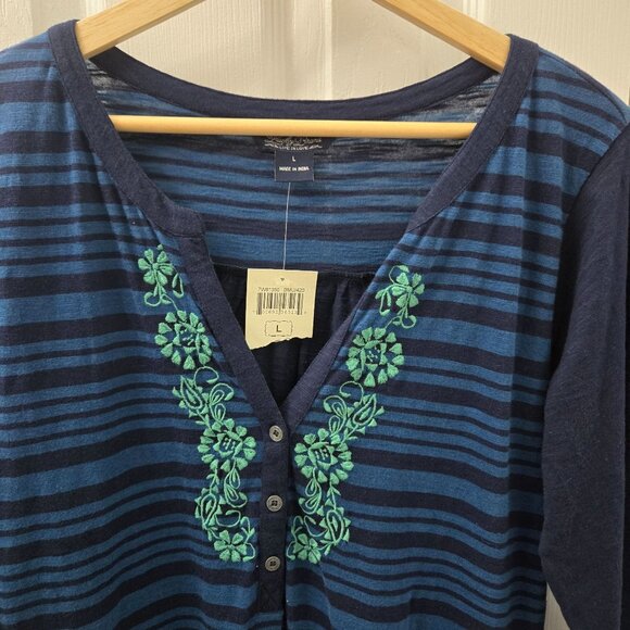 Lucky Brand Henley Top Womens Large Navy Blue Striped Embroidered Tunic Boho NEW - Picture 4 of 10
